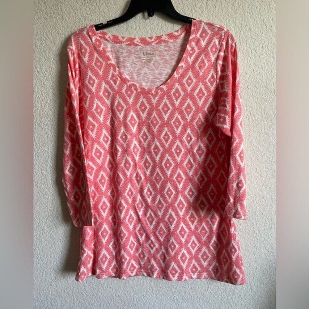 LL Bean western country Womens 3/4 sleeve shirt  L diamond pink top boho